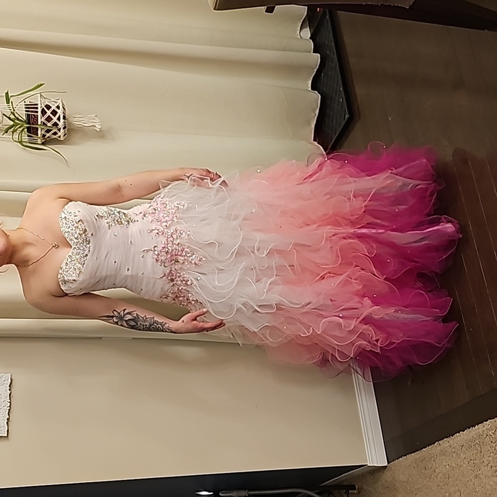 Beautiful  Pink Grad Dress with sweetheart neckline & sparkle embellishments.